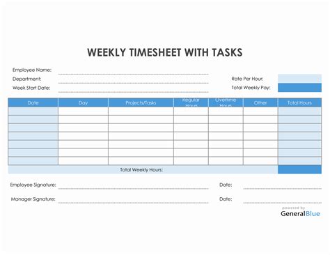 Weekly Timesheet With Tasks in Excel