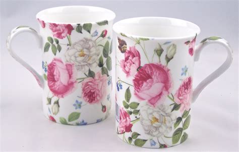 Pair Fine English Bone China Coffee Mugs - Cottage Rose Chintz - Mugs