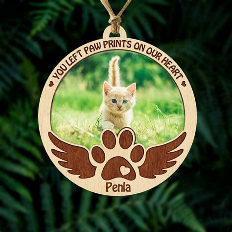 Custom Pet Memorial Ornament with Photo and Name, Wooden Remembrance Paw Print Angel Wings Pet ...