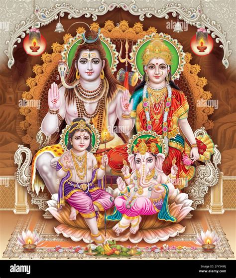 Shiva Parvati Family Picture with little Ganesha and Kartika Stock Photo - Alamy