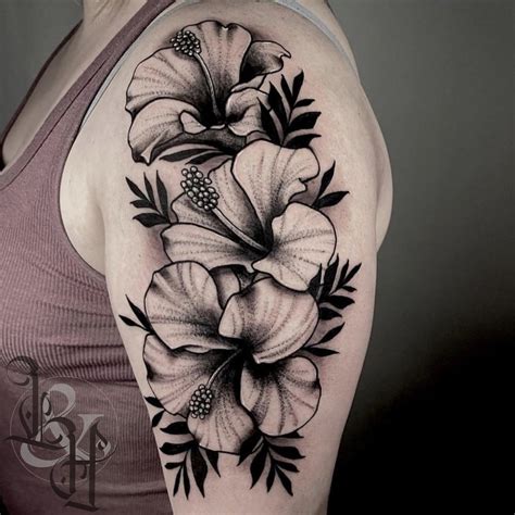 Black and Grey Dotwork Hibiscus Flowers Tattoo - Love n Hate