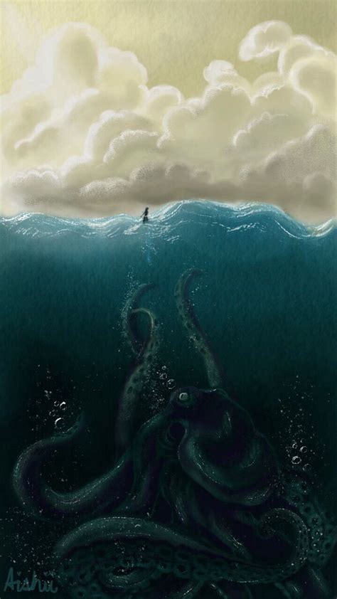 an octopus swimming in the ocean with clouds above it and a person on a surfboard