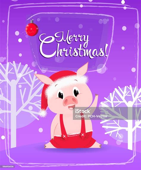 Christmas Greeting Card Design Cute Piggy Red Bauble Stock Illustration - Download Image Now ...