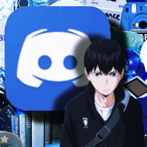 an anime character is standing in front of a blue background with books and other items