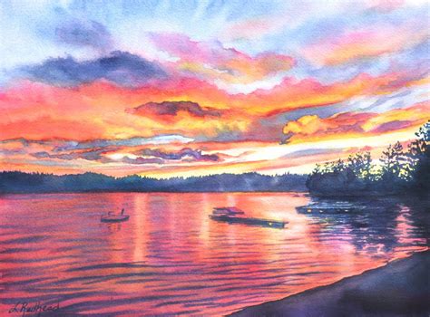 Leslie Lambert Redhead Fine Art: Watercolor of Sunset Over Loon Lake: 365 Seconds of Painting