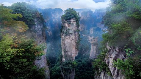 Wallpaper : landscape, forest, mountains, waterfall, China, rock, nature, morning, mist, cliff ...