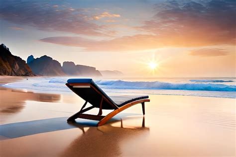 Premium Photo | A beach chair on a beach with a sunset in the background