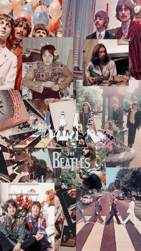 the beatles collage is shown with many pictures and people around it, including balloons