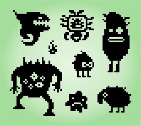 Doodles 8-bit pixel monster, illustration of pixel art vector. Cute creature doodle set ...