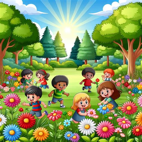 Cartoon Kids Playing in Garden - Outdoor Fun | AI Art Generator ...