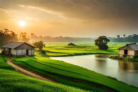 Premium AI Image | Sunset on the rice fields