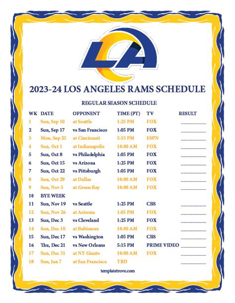 Printable 2023-2024 Los Angeles Rams Schedule