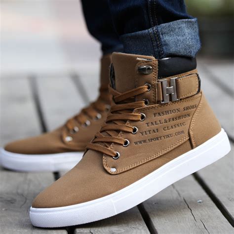 Mens Fashion Spring Autumn Leather Shoes Street Men's Casual Fashion High Top Shoes Canvas ...