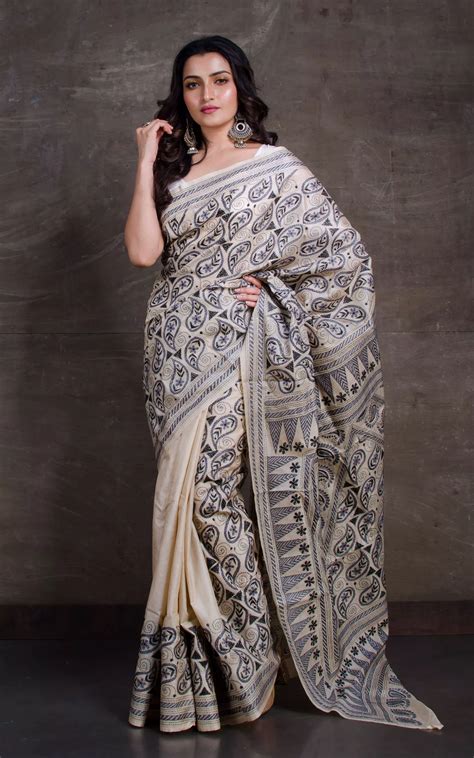 Hand Embroidered Kantha Stitch Tussar Silk Saree in Beige and Black | bengallooms | Kantha work ...