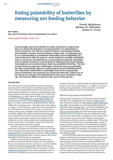 (PDF) Rating palatability of butterflies by measuring ant feeding behavior | Freerk Molleman and ...