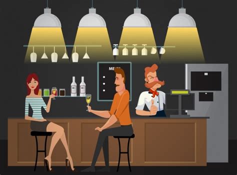 Night bar drawing bartender guest icons colored cartoon Free vector in Adobe Illustrator ai ...