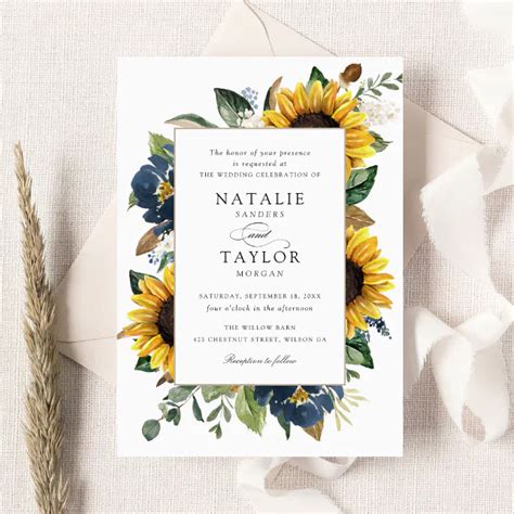 Sunflowers Navy Blue Flowers Greenery Wedding Invitation | Zazzle