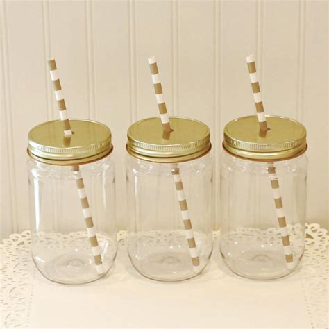 Plastic Mason Jars, 10 Plastic Mason Jars & Metal Lid With Straw Hole ...