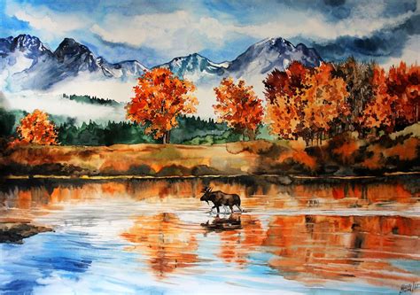 #Artistic #Watercolor #Elk #Fall #Lake #Mountain #Nature #Painting #Reflection #1080P #wallpaper ...