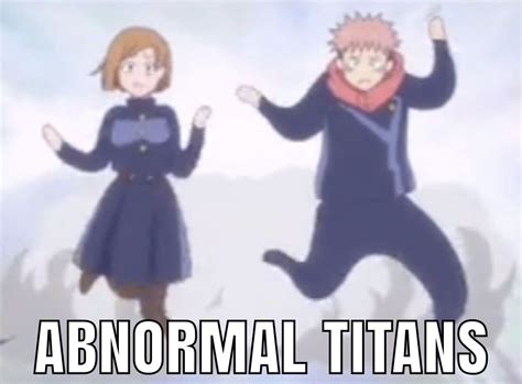 two anime characters standing next to each other with words above them that read abnormal titans