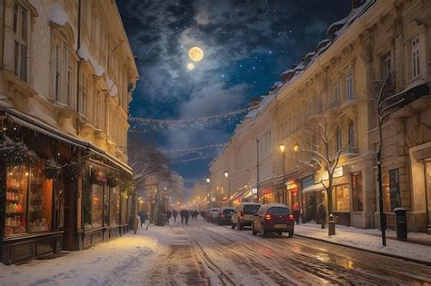 Premium AI Image | A painting of a snowy street with a colorful scene of a town and the words ...