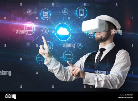 Businessman in vr glasses organize lifesize projected social media concept Stock Photo - Alamy