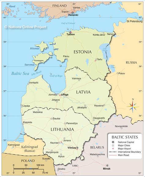 Map of the Baltic States showing the three Baltic countries and the location of major cities ...