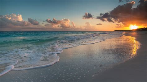 Ocean Waves Beach Sand Under White Clouds Blue Sky During Sunset HD Nature Wallpapers | HD ...