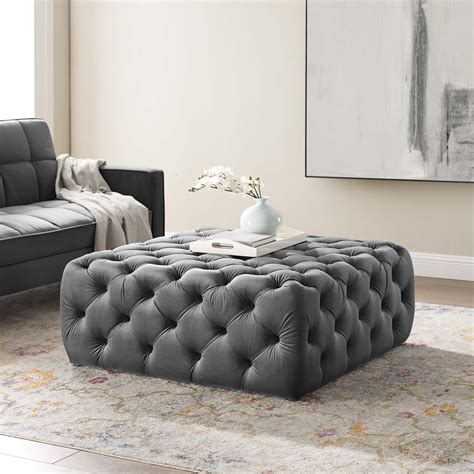 Anthem Tufted Button Large Square Performance Velvet Ottoman in Gray - Walmart.com - Walmart.com