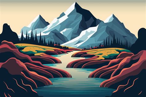 Mountain landscape with river and tree's, beautiful mountain minimalist vector art 18887256 ...