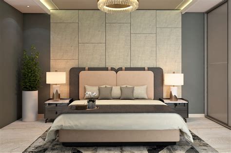 Simple modern bedroom wall design with bedside table and grey bed ...