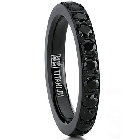 Women's 3MM Ladies Black Titanium Eternity Engagement Band Wedding Ring Black Pave Set Cubic ...