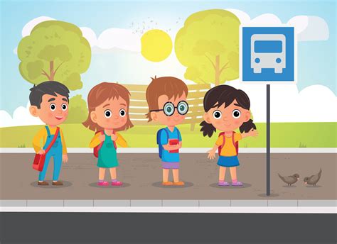 A vector illustration of school kids with school supplies waiting at a ...