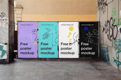 Free 4 Side By Side Outdoor Wall Posters Mockup PSD