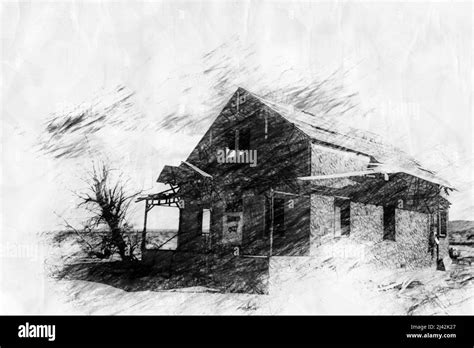 abandoned old wooden house in pencil drawing style Stock Photo - Alamy