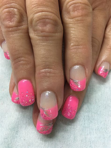 Bright Pink Glitter French Gel Nails | Bright gel nails, Pink french ...