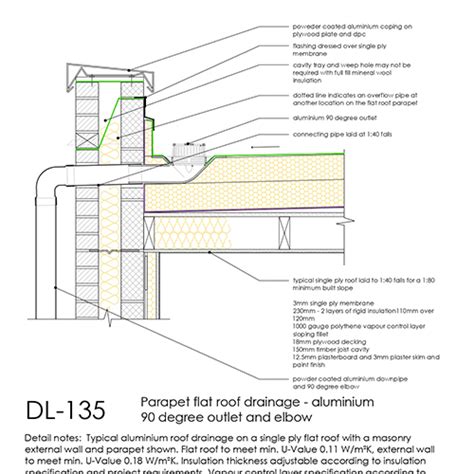 DL135 - Parapet Flat Roof Drainage Detail 90 Degree Outlet