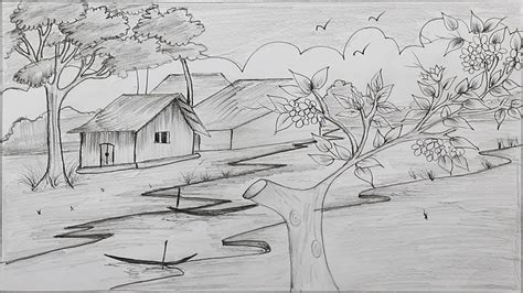 Village Scene Pencil Drawing - bestpencildrawing