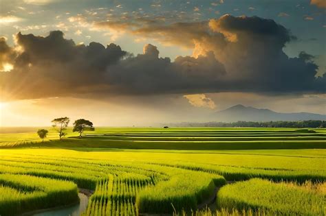 Premium AI Image | sunset over the rice fields