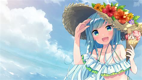 Anime girl character wearing sun hat on beach HD wallpaper | Wallpaper ...