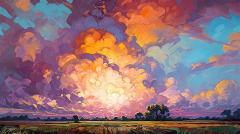 Premium AI Image | A painting of a sunset with a field in the background.