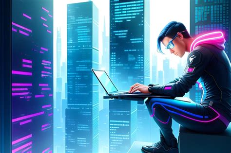 Premium AI Image | anime hacker man sitting on the skyscraper looking ...