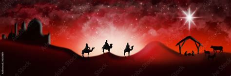 Christmas Nativity Scene Of Three Wise Men Magi Going To Meet Baby Jesus in the Manger with the ...