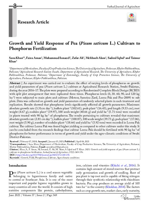 (PDF) Growth and Yield Response of Pea (Pisum sativum L.) Cultivars to Phosphorus Fertilization ...