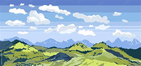 Pixel art background. Location with mountains, grass and clouds ...