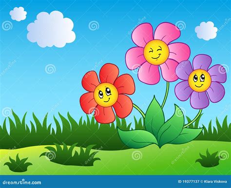 Three Cartoon Flowers On Meadow Vector Illustration | CartoonDealer.com #19377137