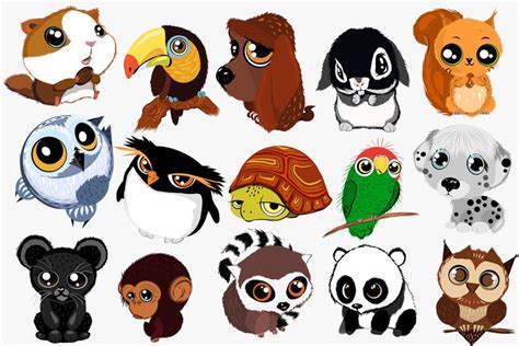 Cute cartoon animals with big eyes. Vector