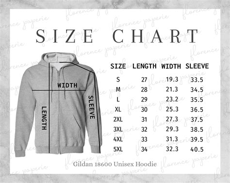 Gildan 18600 Hoodie Size Chart, Unisex Full Zip Hooded Sweatshirt, Downloadable, Printable, Mens ...