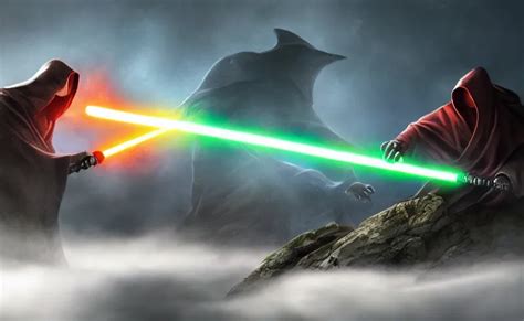 two hooded figures engaging in an epic lightsaber duel | Stable ...