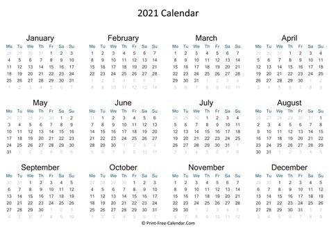 Print Free Calendar 2021